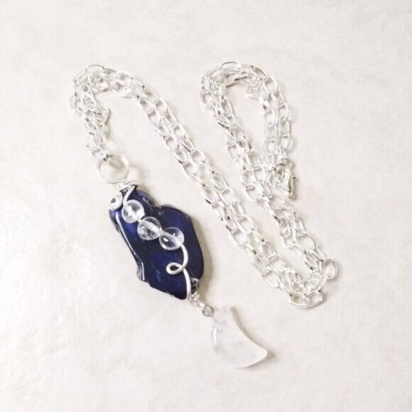 Dark Blue Sea Sediment Jasper & Quartz Drops + Quartz Moon Goddess Necklace - Picture 2 of 7